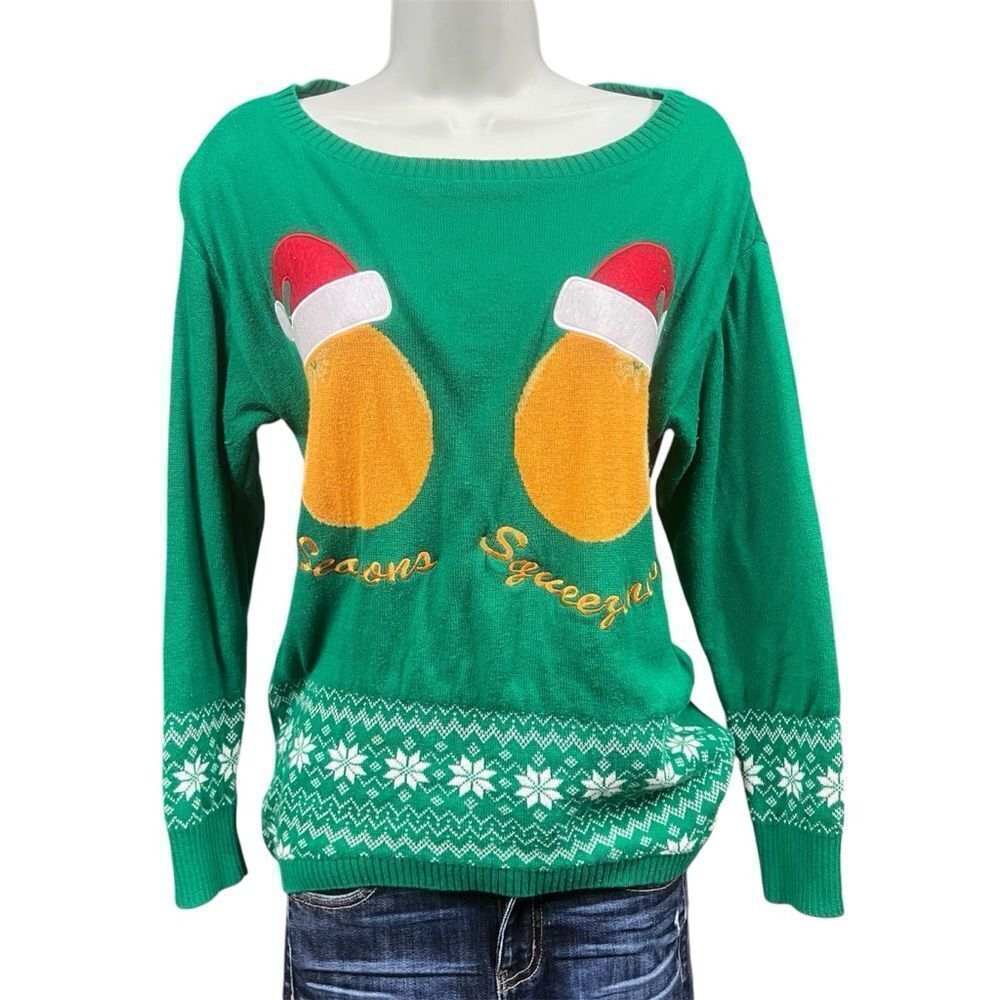 Festive Ladies Naughty Holiday Christmas Green Ugly Sweater with Santa Hats Med